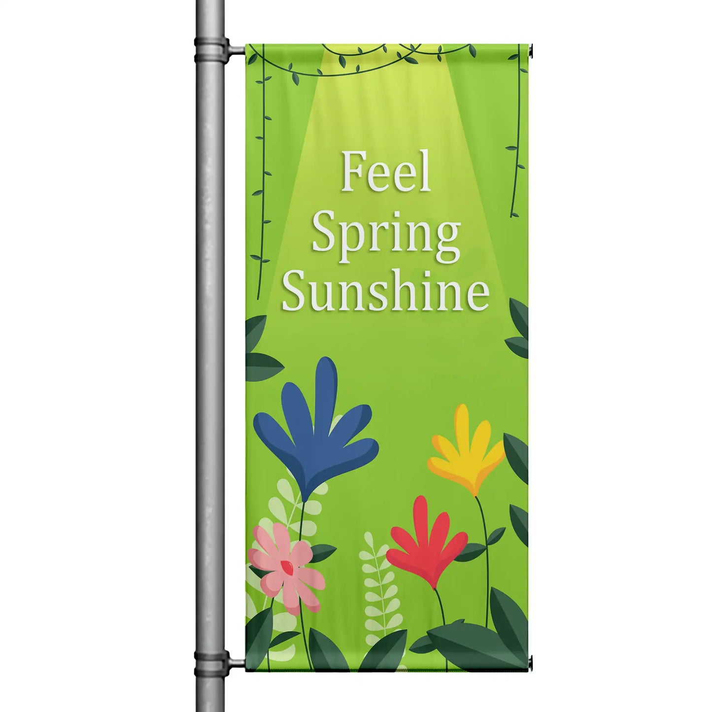 Feel Spring Sunshine spring pole banner with bright green background and colorful floral design