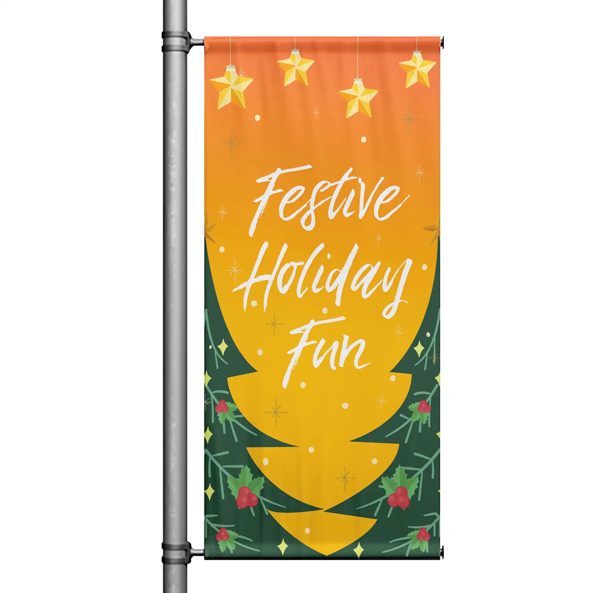 Festive Holiday Fun holiday pole banner with orange and green design, hanging stars, and stylized Christmas tree