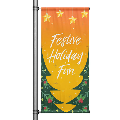 Festive Holiday Fun holiday pole banner with orange and green design, hanging stars, and stylized Christmas tree