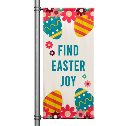 Find Easter Joy Easter pole banner with cream background, colorful patterned eggs, floral accents, and cheerful spring design