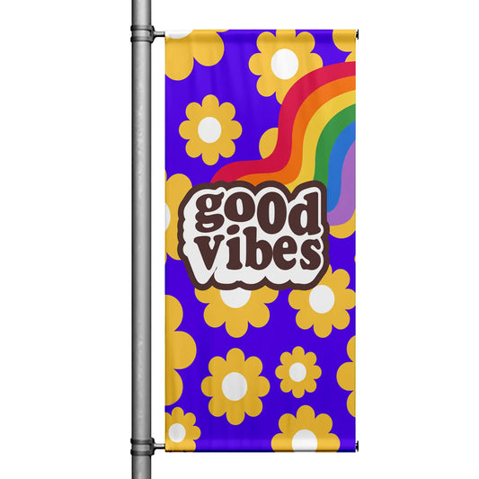 Freedom Pride Month pole banner with bold retro lettering on purple background celebrating LGBTQ+ pride