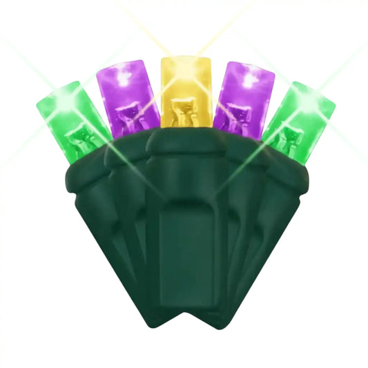 Close-up of French Quarter Color Palette 5mm wide-angle LED mini light bulbs with concave lens design on green socket base