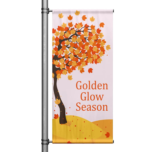Golden Glow Season fall pole banner featuring an autumn tree with golden and orange leaves on a soft cream background