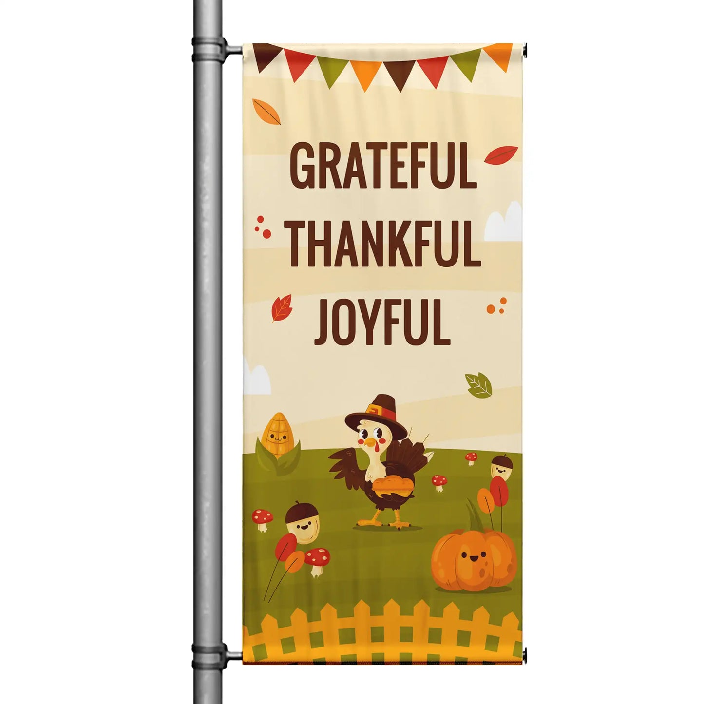 Grateful Thankful Joyful Thanksgiving pole banner with festive fall bunting and illustrated turkey design