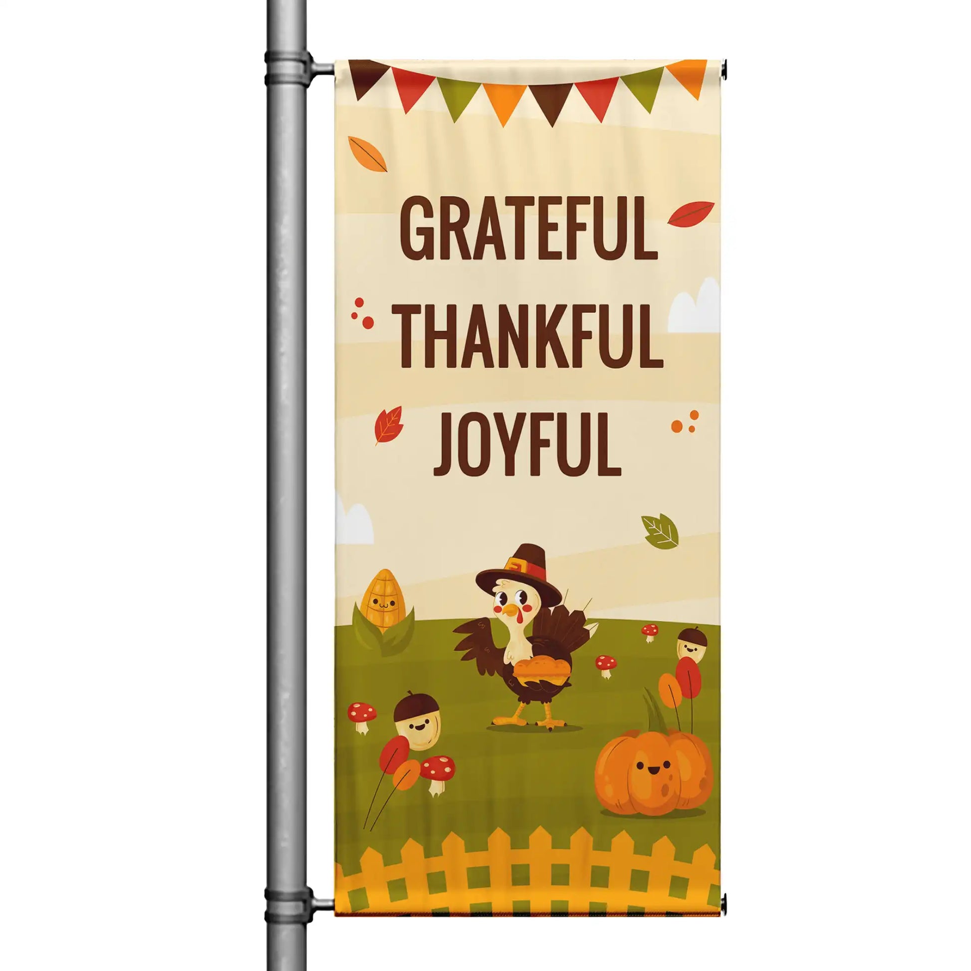 Grateful Thankful Joyful Thanksgiving pole banner with festive fall bunting and illustrated turkey design