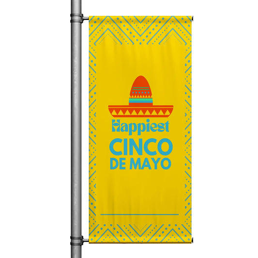 Cinco de Mayo pole banner with sombrero graphic and “Happiest Cinco de Mayo” text on yellow background