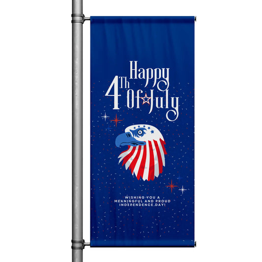 Happy 4th of July Independence Day pole banner with deep blue background, patriotic eagle illustration, stars, and festive red white and blue accents