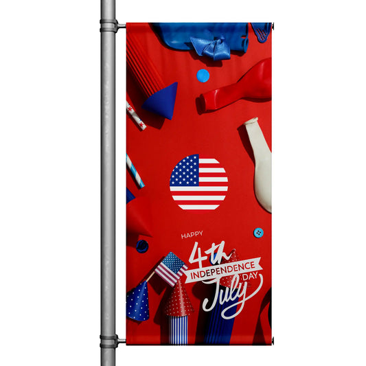Happy 4th of July Independence Day pole banner with bright red background, patriotic party elements, and festive American celebration design