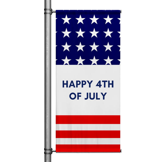 Happy 4th of July pole banner featuring white stars on blue with red and white stripes in a clean patriotic design