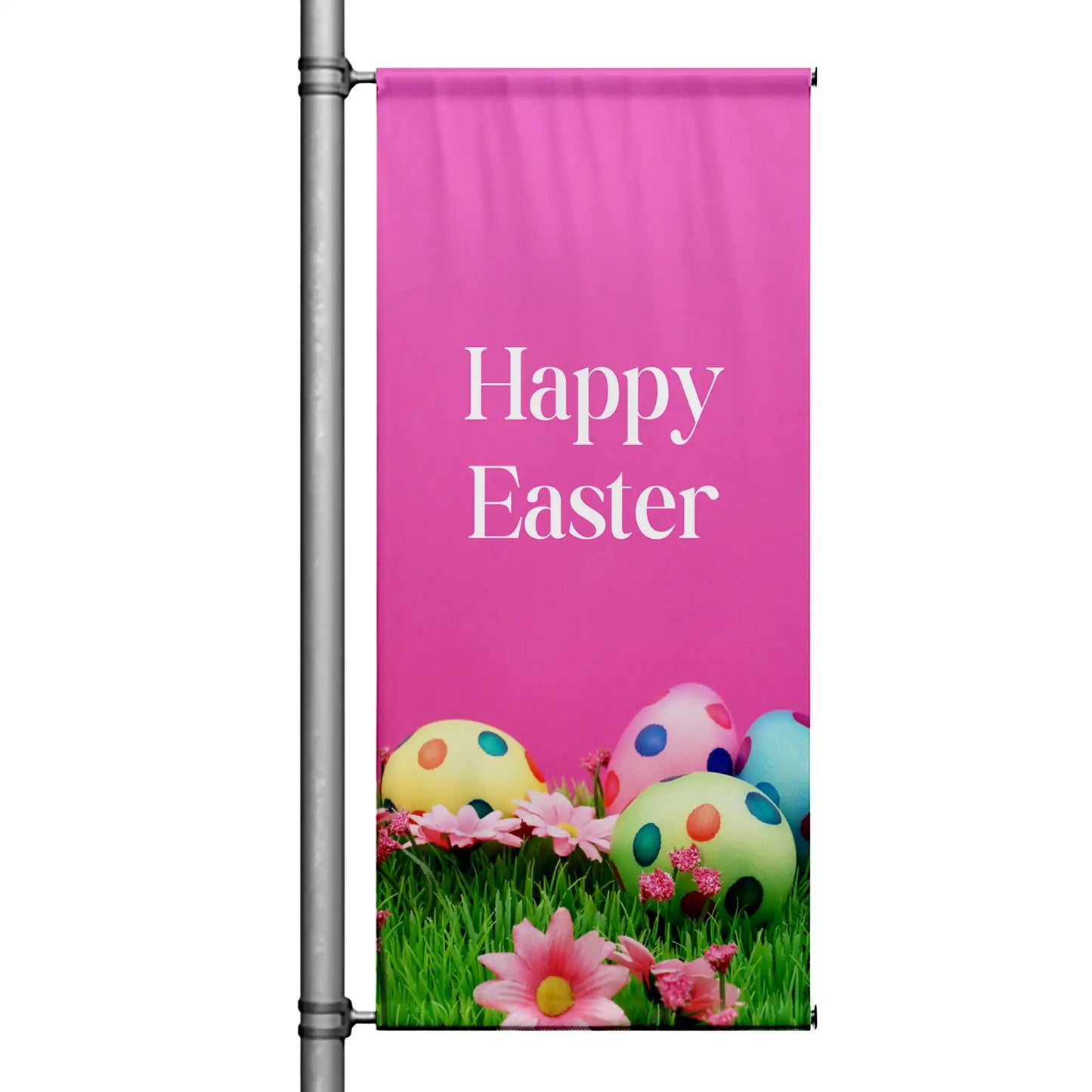 Happy Easter pole banner featuring pink background, colorful Easter eggs, and spring floral accents