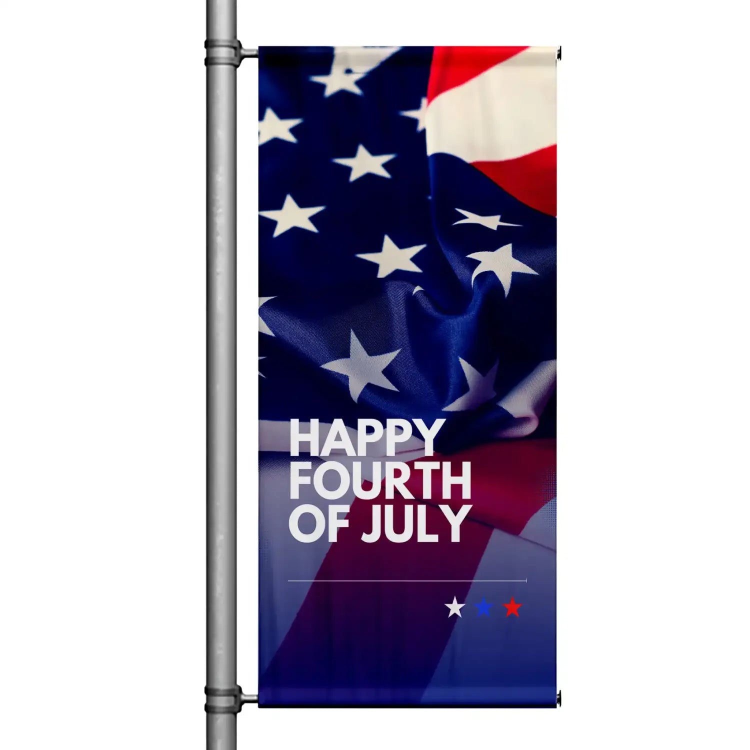 Happy Fourth of July pole banner featuring a waving American flag background and bold patriotic typography