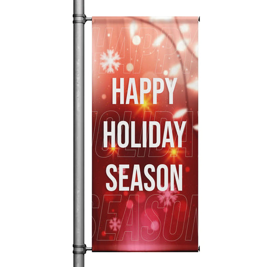 Happy Holiday Season Christmas pole banner with festive red background and glowing snowflake accents