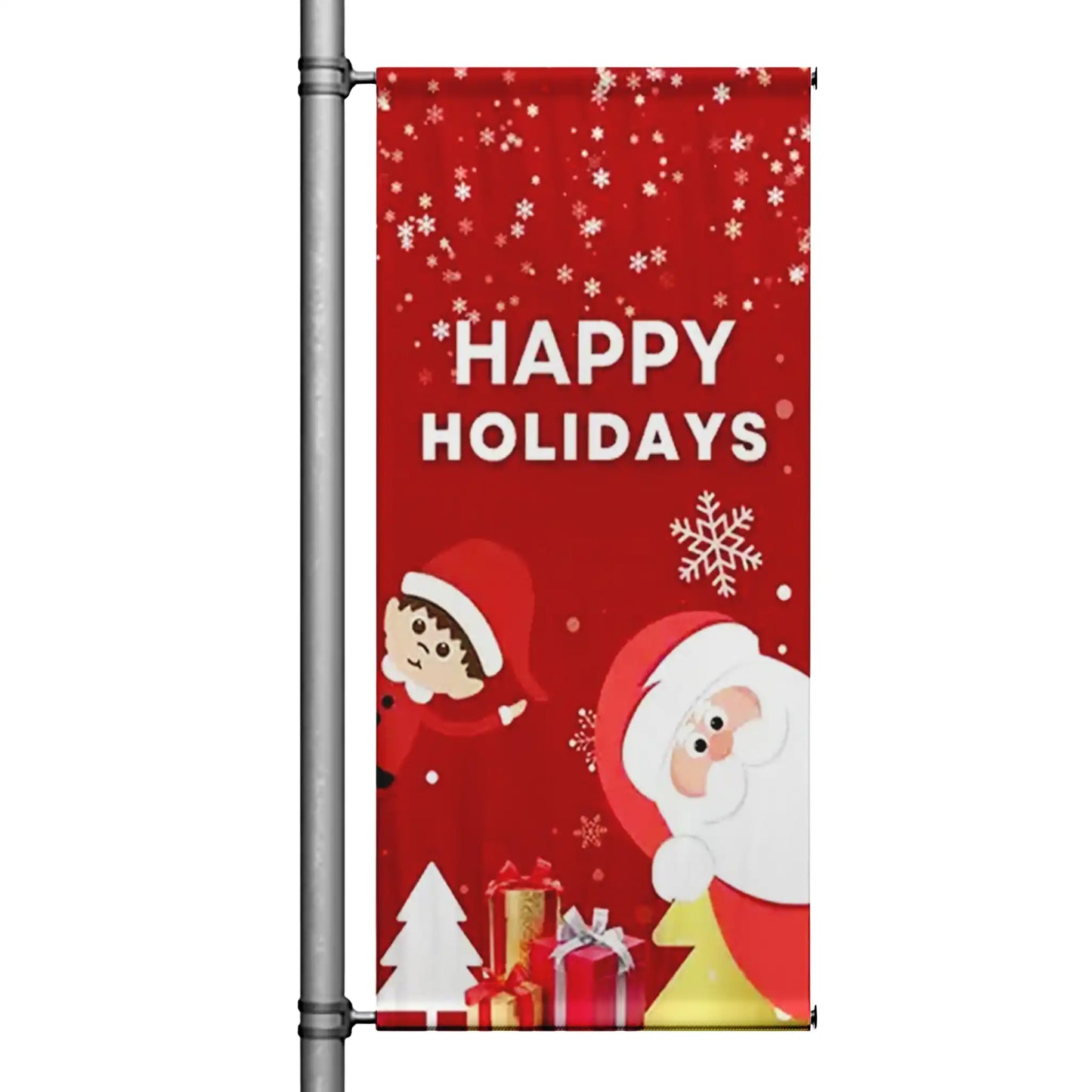 Happy Holidays Christmas pole banner with Santa and elf illustration on red background mounted on street pole