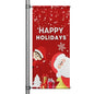 Happy Holidays Christmas pole banner with Santa and elf illustration on red background mounted on street pole