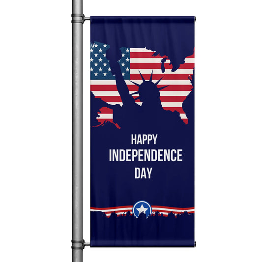 Happy Independence Day patriotic pole banner with navy background, Statue of Liberty silhouette, American flag design, and bold red, white, and blue accents