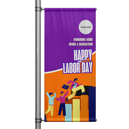Happy Labor Day pole banner with purple and orange background featuring illustrated workers and “Honoring Hard Work & Dedication” message