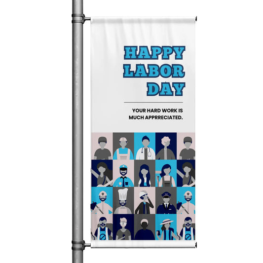 Happy Labor Day pole banner with white background, bold blue lettering, and illustrated workers representing different professions