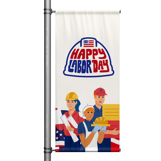 Happy Labor Day pole banner with cream background featuring illustrated American workers, patriotic colors, and bold Labor Day message