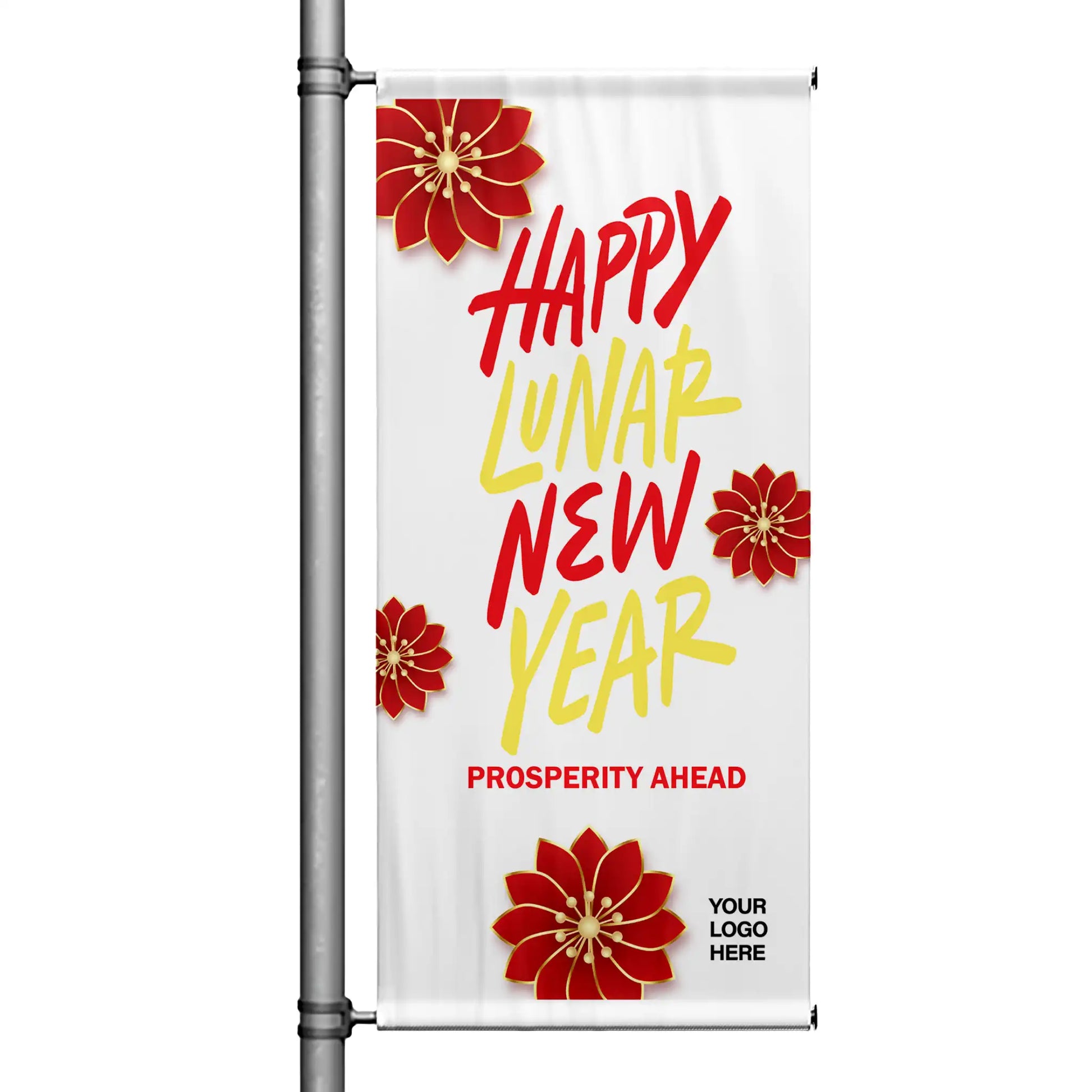 Happy Lunar New Year pole banner with white background, red and gold floral accents, and “Prosperity Ahead” message