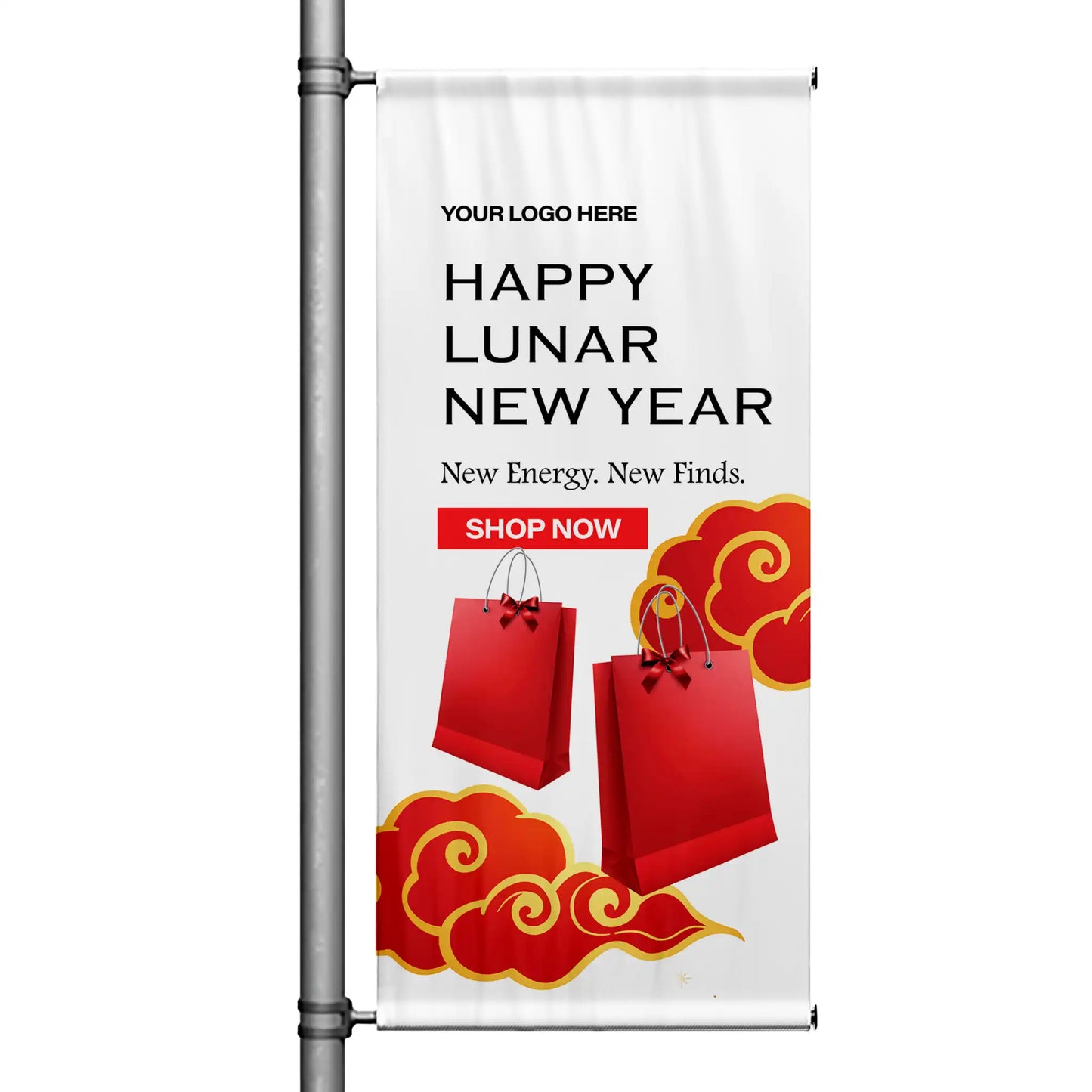 Happy Lunar New Year pole banner featuring red shopping bags, gold cloud accents, and festive seasonal design