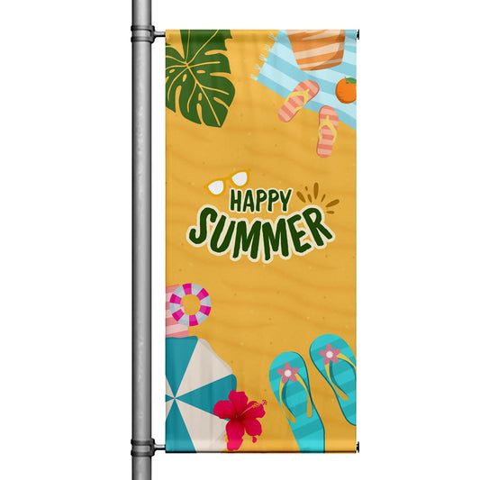 Happy Summer yellow street pole banner with beach-themed illustrations and cheerful seasonal design