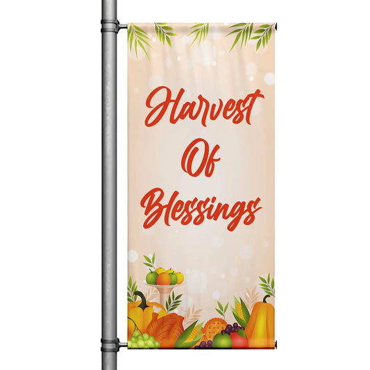 Harvest of Blessings Thanksgiving pole banner with fall harvest fruits and warm neutral background