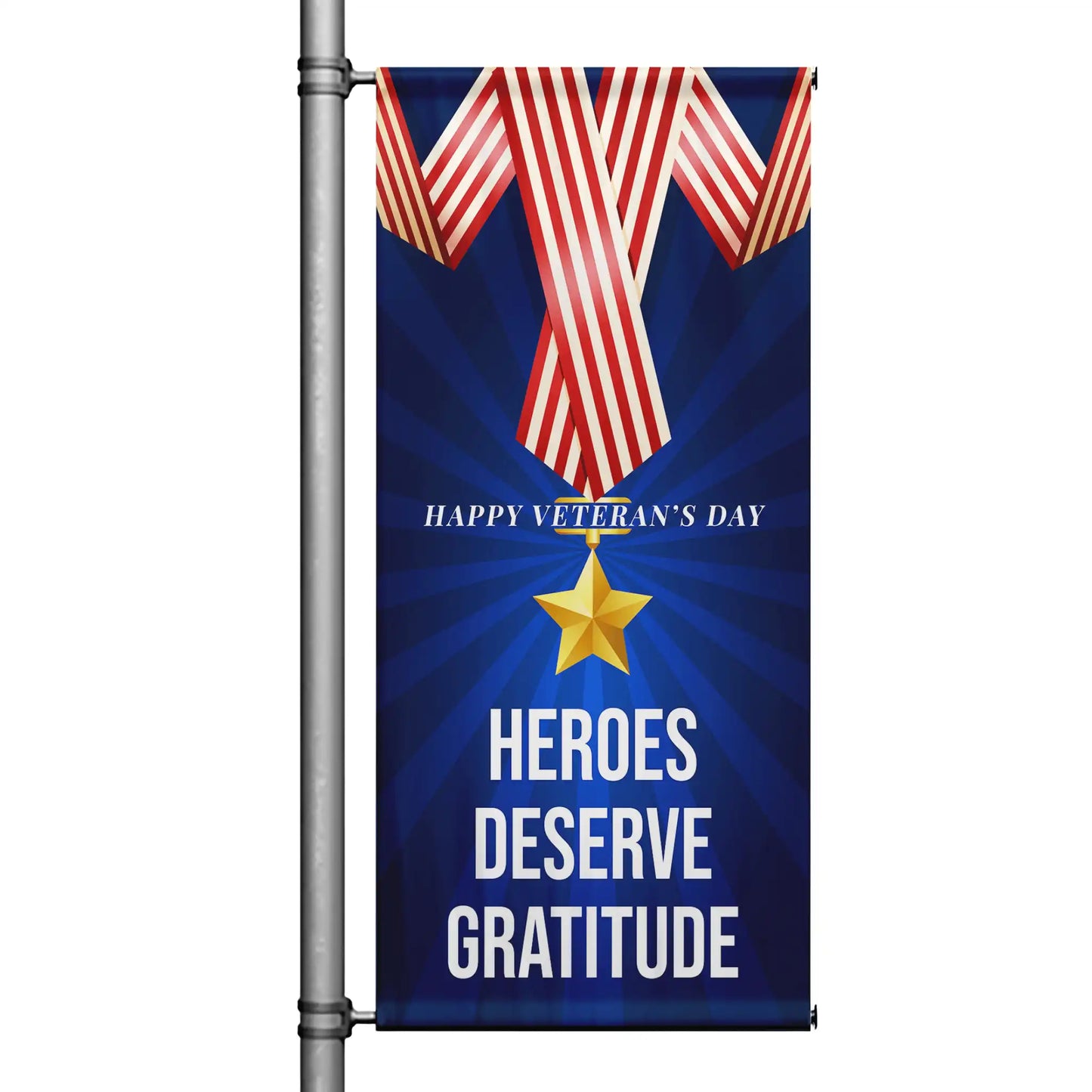 Heroes Deserve Gratitude Veterans Day pole banner featuring patriotic ribbon and gold star