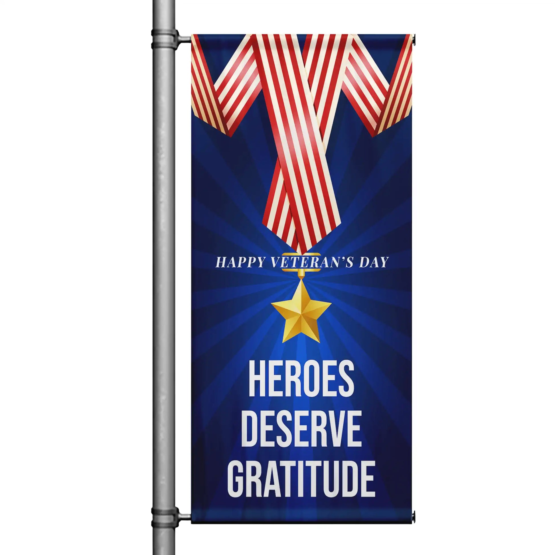 Heroes Deserve Gratitude Veterans Day pole banner featuring patriotic ribbon and gold star