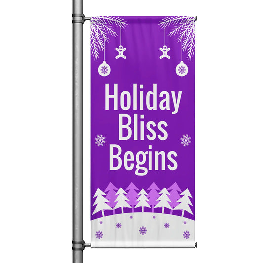 Holiday Bliss Begins Christmas pole banner with purple background, hanging ornaments, snowflakes, and winter tree design