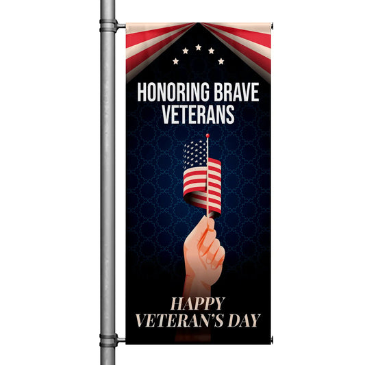 Honoring Brave Veterans red and blue street pole banner with American flag and patriotic design