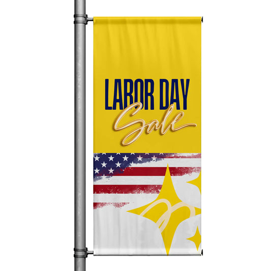 Labor Day Sale pole banner with bright yellow background, bold typography, patriotic flag accents, and festive retail promotion design