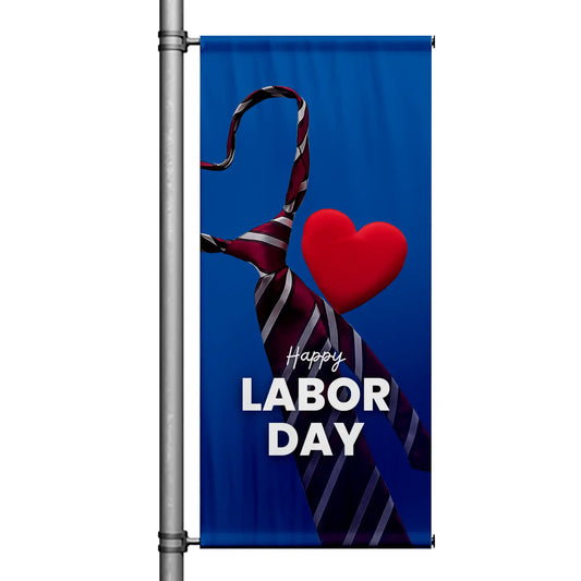 Labor Day pole banner with blue background, necktie graphic forming a heart, and “Happy Labor Day” message