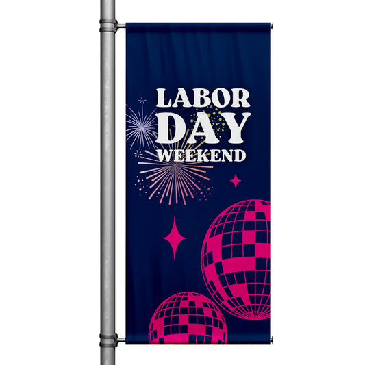 Labor Day Weekend pole banner with navy background, fireworks accents, bold typography, and modern patriotic design