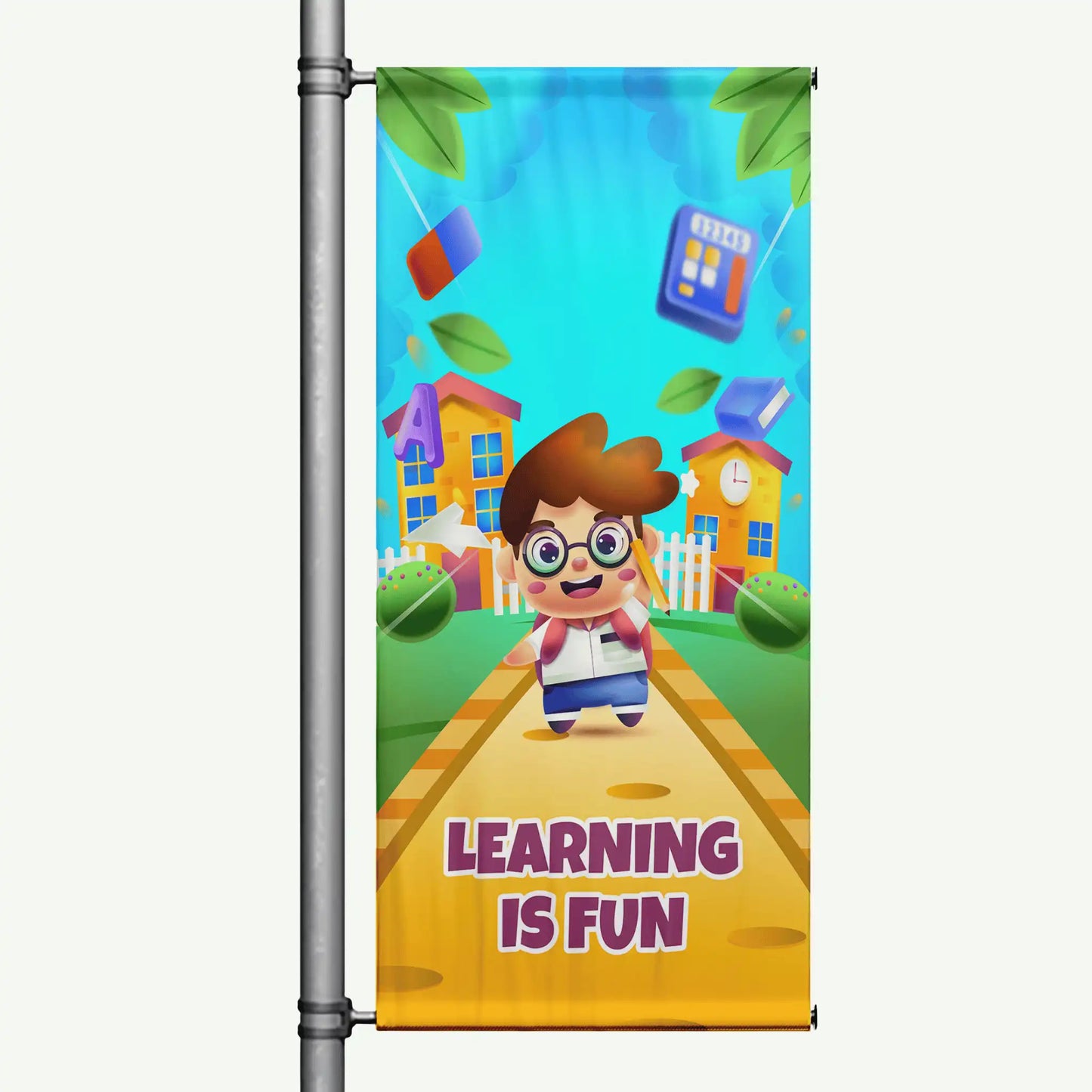 Learning Is Fun school pole banner featuring a cheerful student character, colorful school icons, and a bright educational design