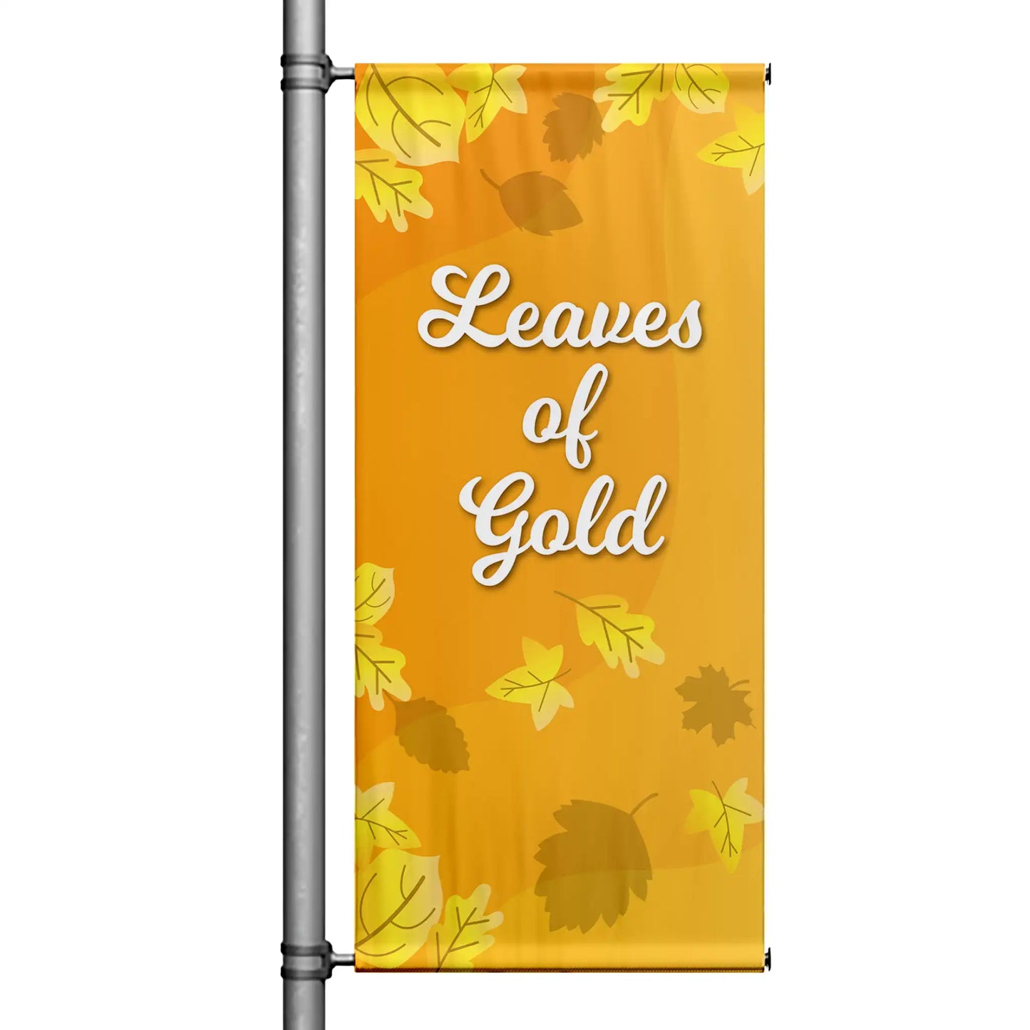 Leaves of Gold fall pole banner with golden yellow background and scattered autumn leaves