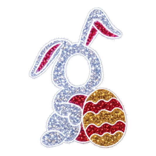 LED Easter bunny with egg light sculpture featuring illuminated white bunny holding decorative red and gold Easter egg