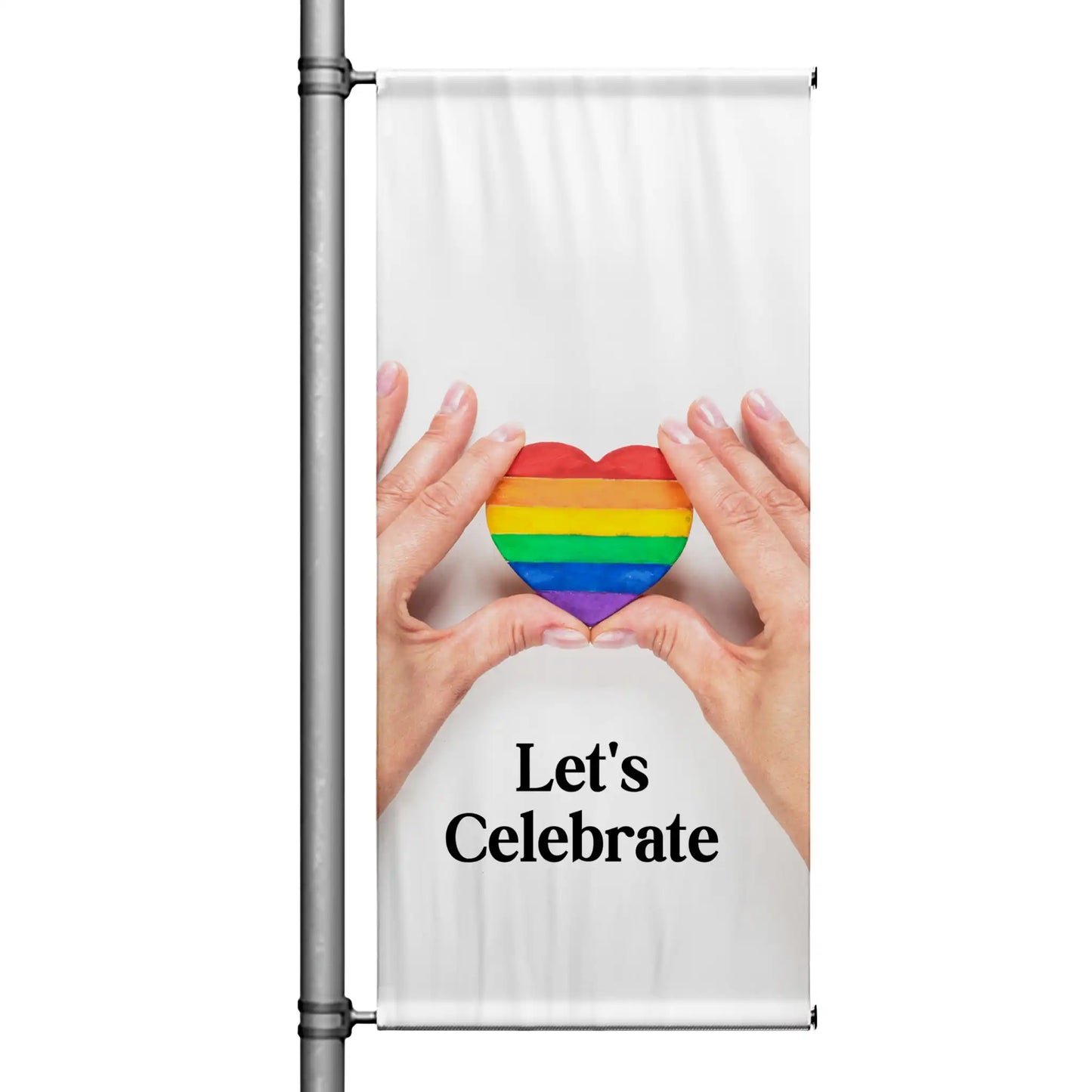 Pride pole banner featuring hands holding a rainbow heart on a white background with “Let’s Celebrate” message