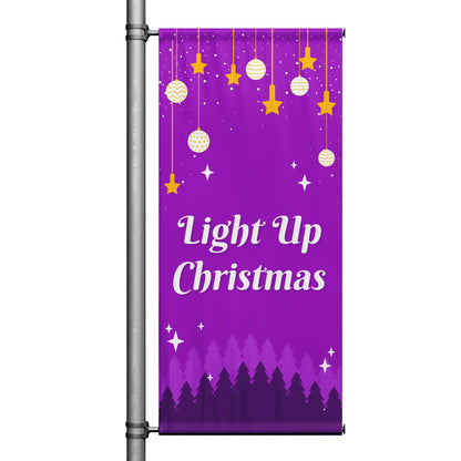 Light Up Christmas Christmas pole banner with vibrant purple background, hanging ornaments, stars, and festive holiday design
