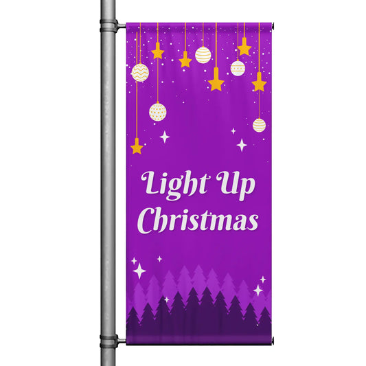 Light Up Christmas Christmas pole banner with vibrant purple background, hanging ornaments, stars, and festive holiday design