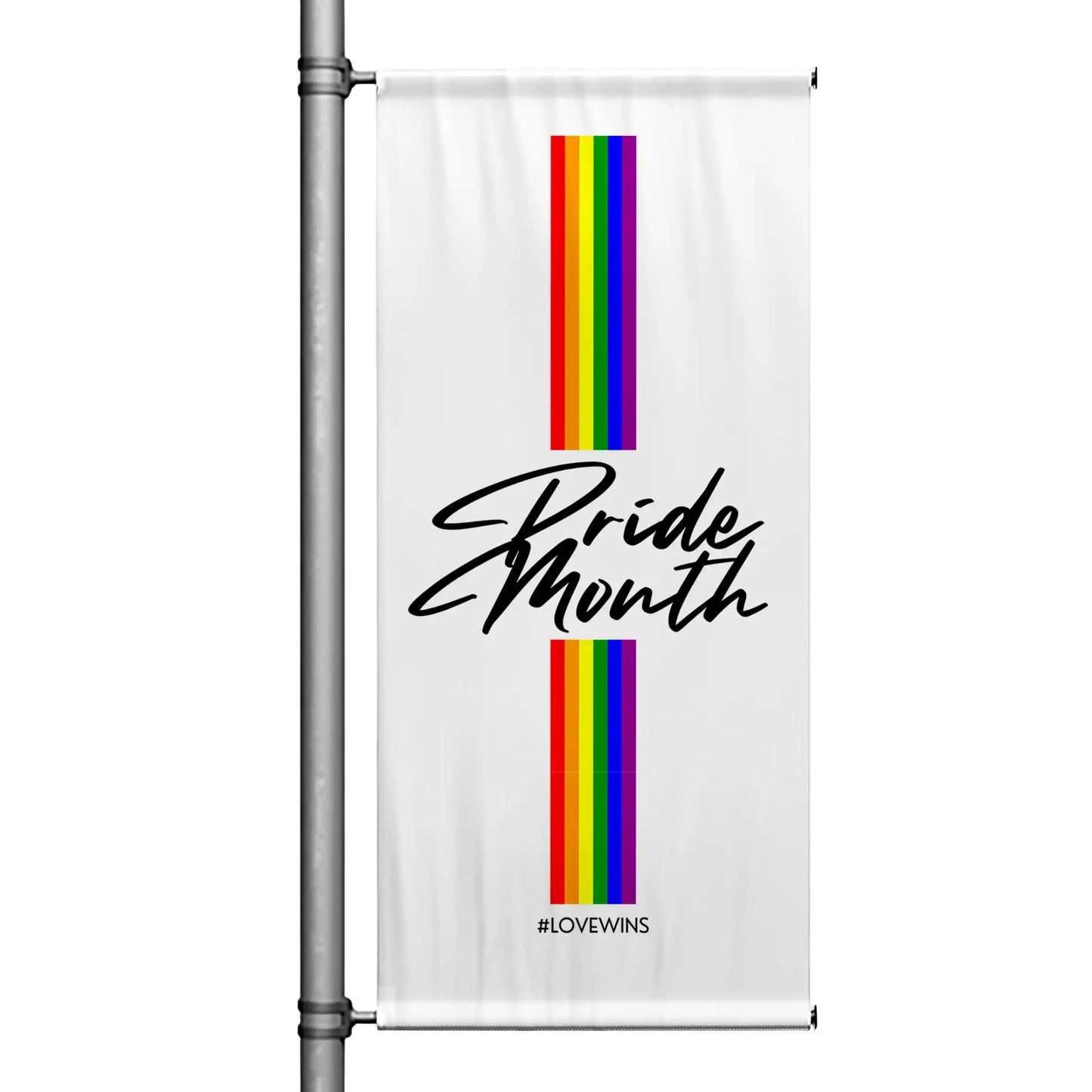Love Is Love Pride Month pole banner featuring rainbow stripes on blue background with inclusive message