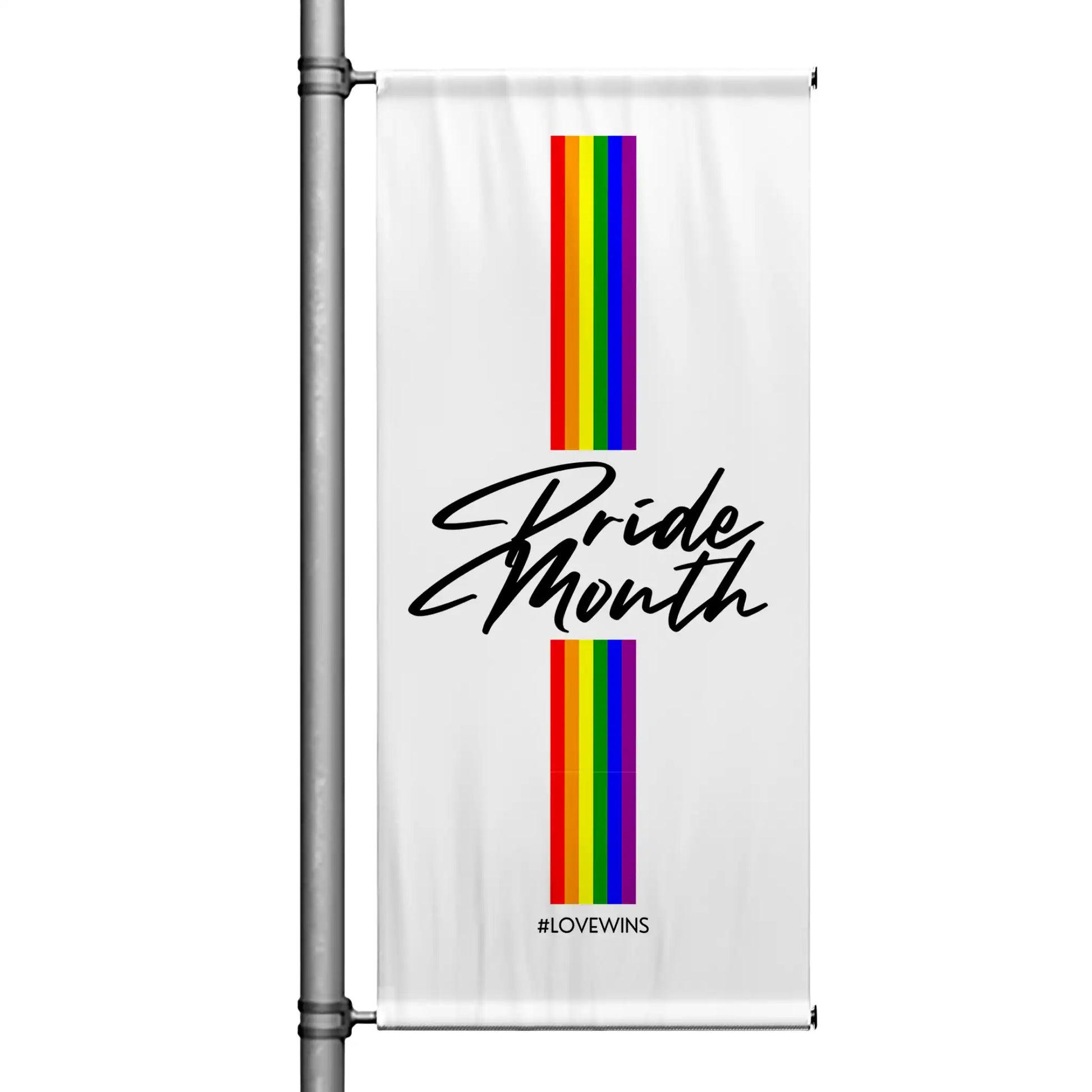 Love Is Love Pride Month pole banner featuring rainbow stripes on blue background with inclusive message