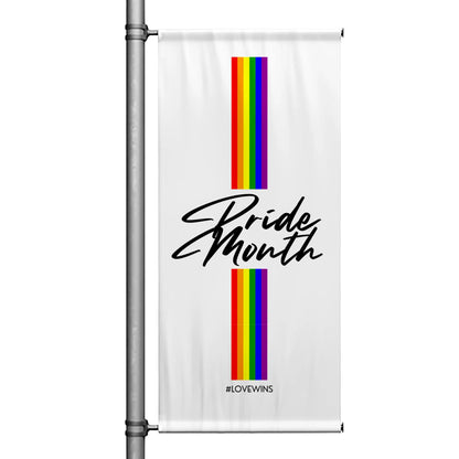 Love Is Love Pride Month pole banner featuring rainbow stripes on blue background with inclusive message