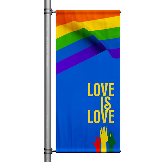 Love Is Love rainbow pride pole banner with bold text and colorful stripes on blue background