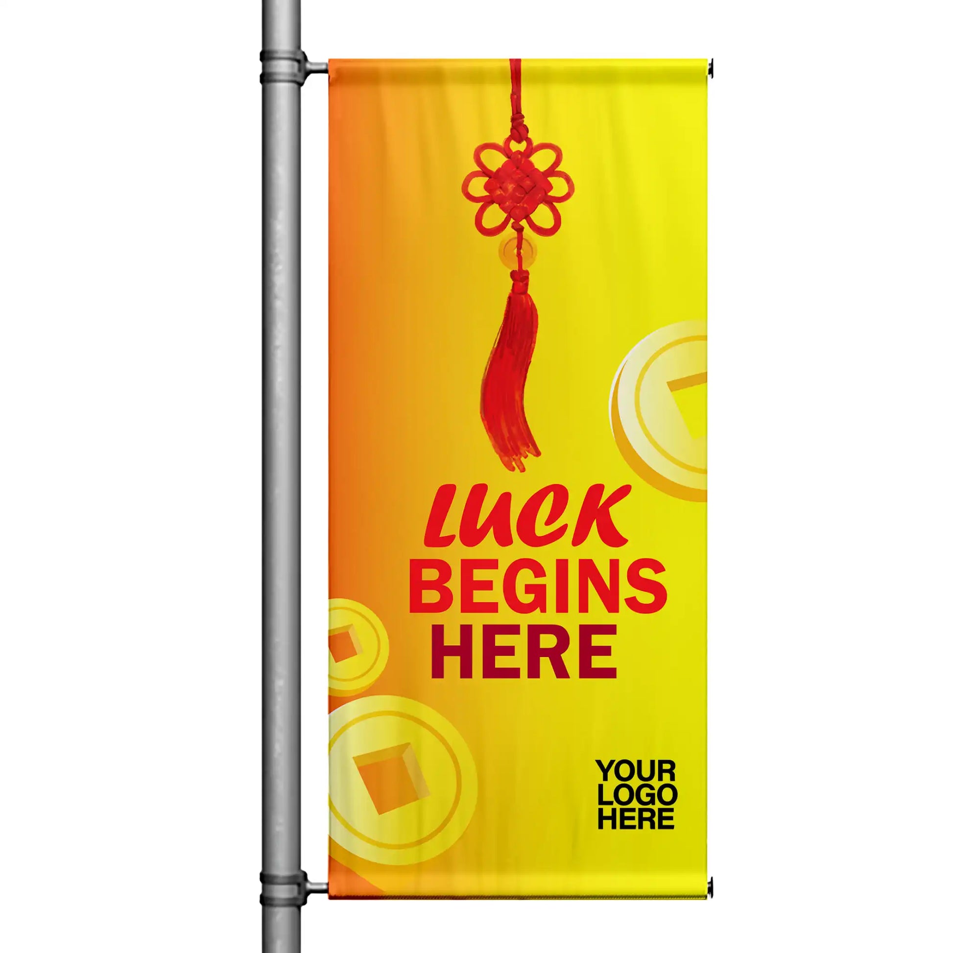 Lunar New Year pole banner with yellow gradient background featuring red Chinese knot, gold coin accents, and “Luck Begins Here” message