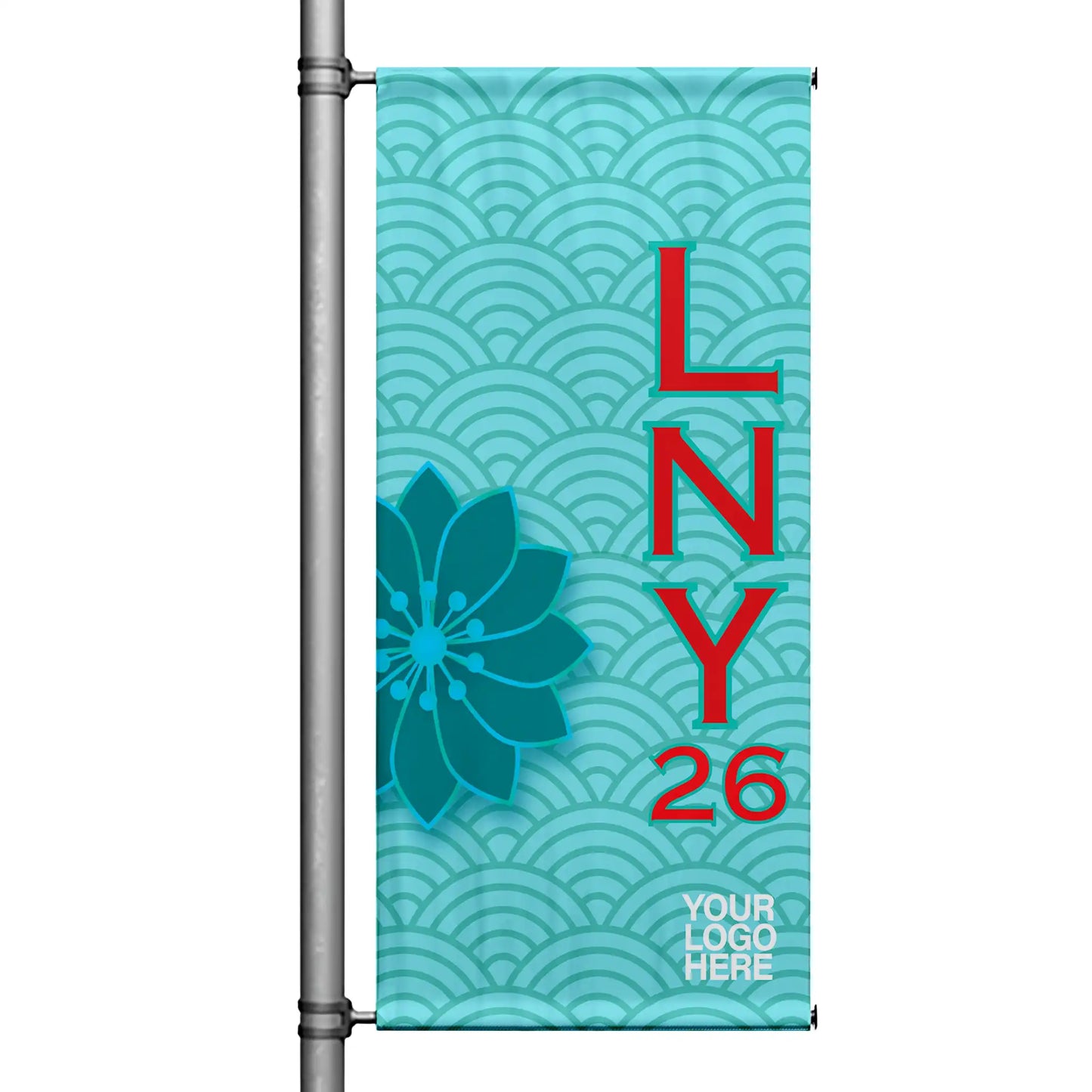 Lunar New Year 2026 pole banner featuring teal wave pattern background, floral accent, and customizable logo area