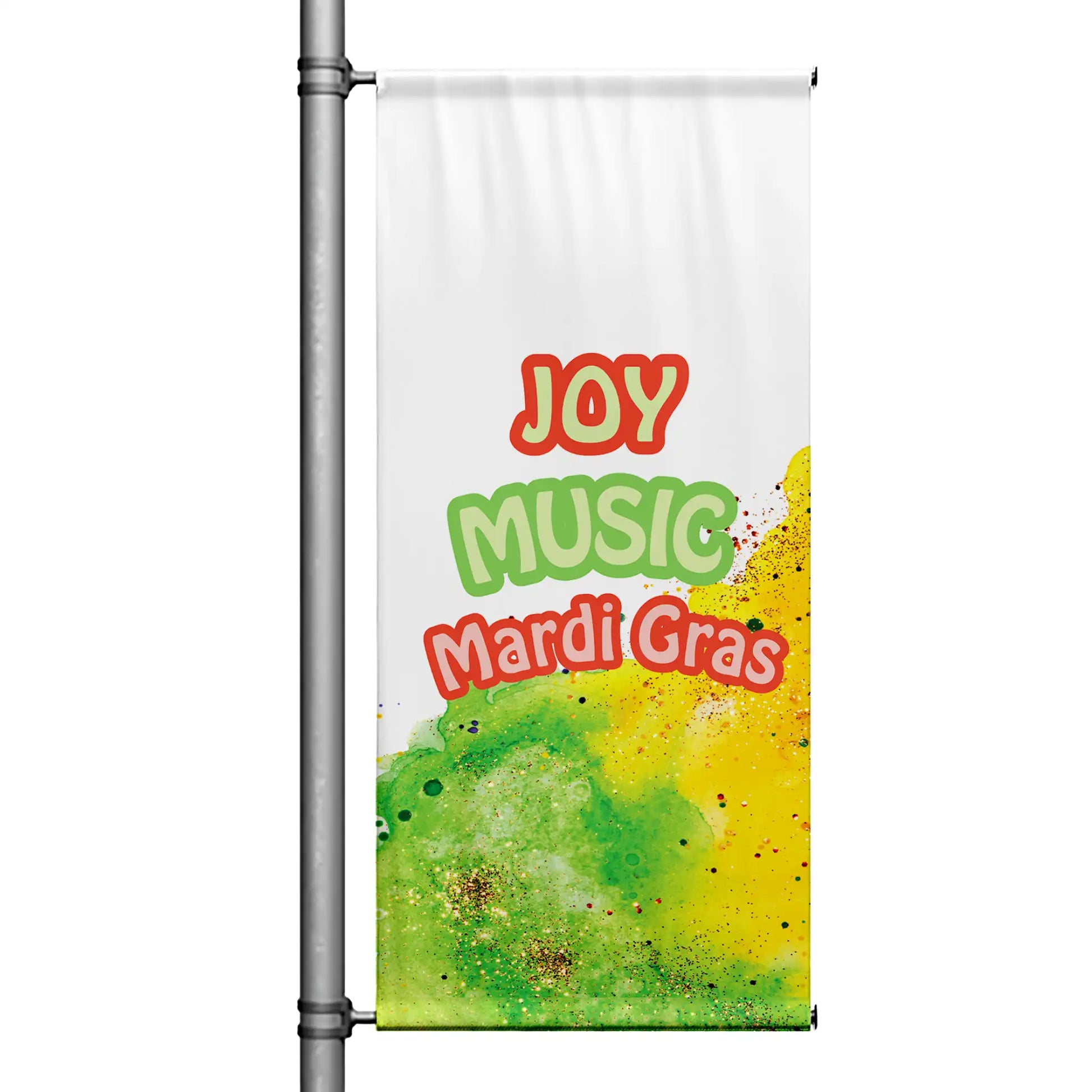 Mardi Gras pole banner featuring “Joy Music Mardi Gras” text with green and yellow paint splash design on white background