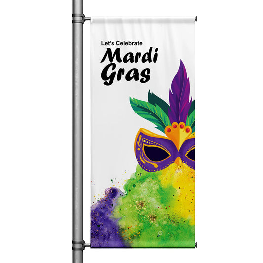 Let’s Celebrate Mardi Gras pole banner featuring purple and gold mask with green, yellow, and purple paint splash design