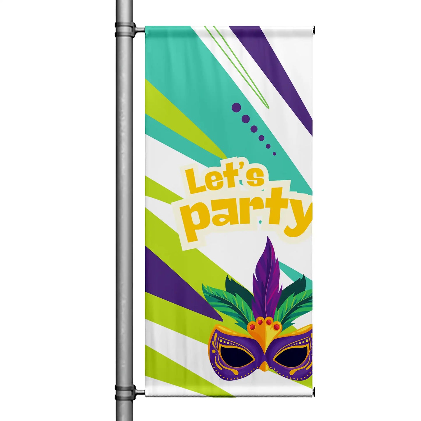 Mardi Gras “Let’s Party” pole banner featuring green, purple, and gold rays with decorative carnival mask