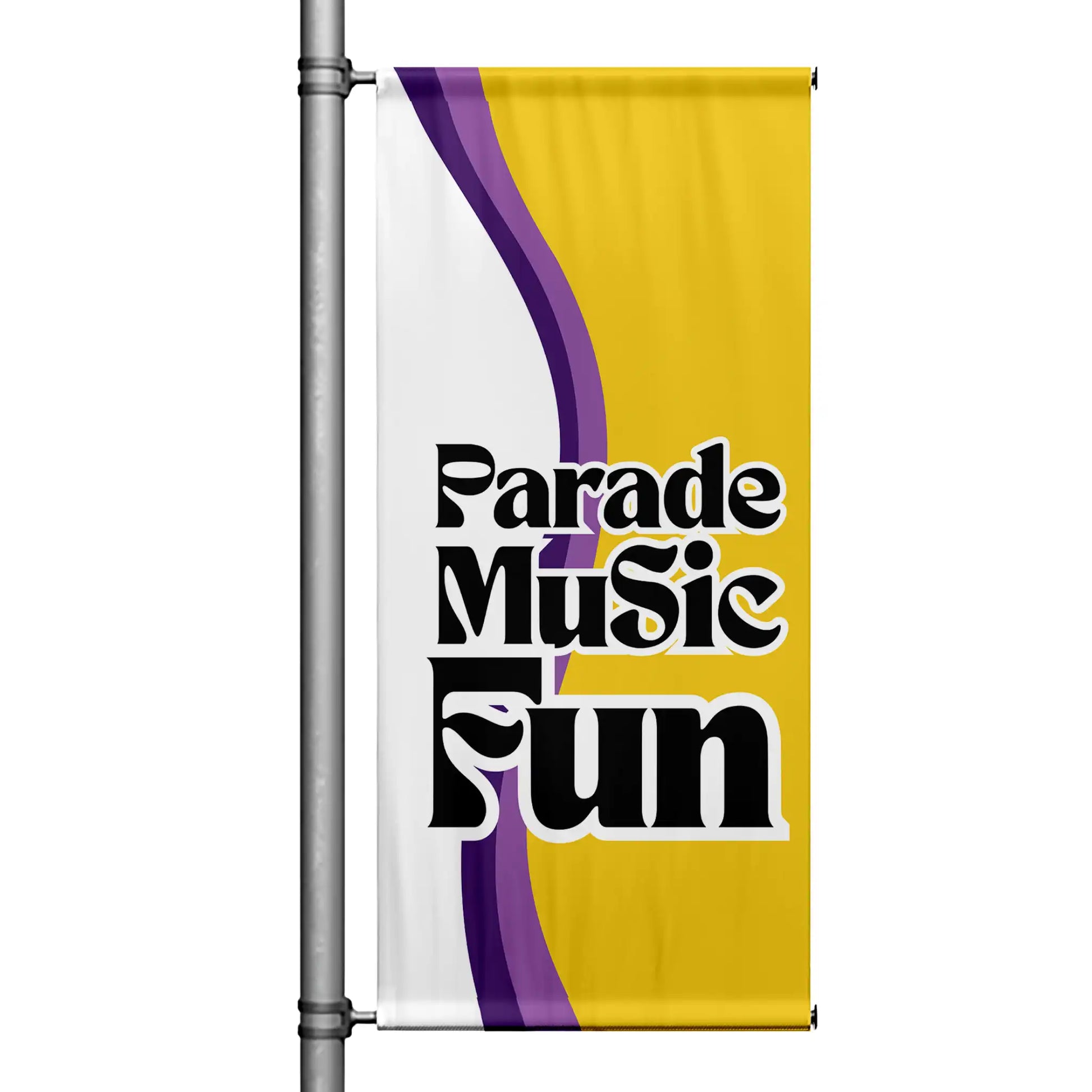 Mardi Gras Parade Music Fun pole banner featuring purple and gold curved design with bold black lettering displayed on street pole