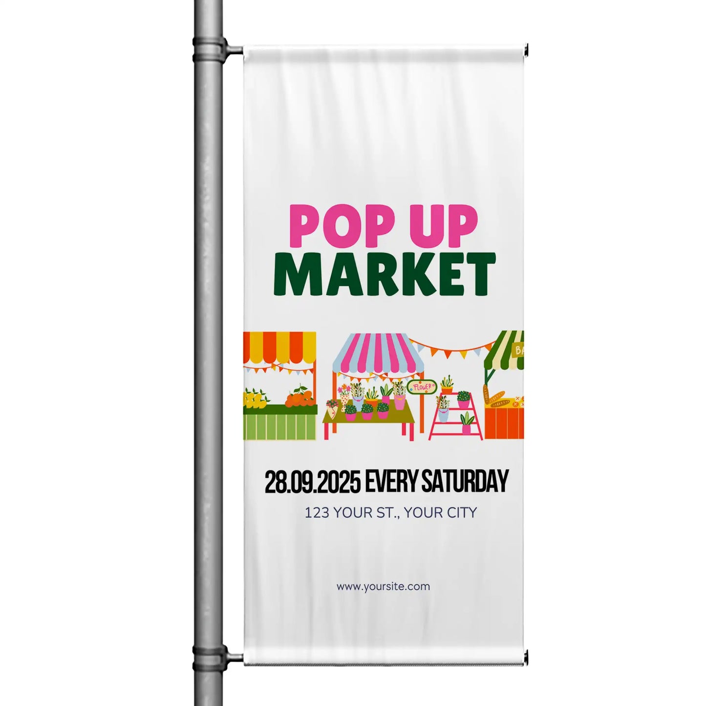 Pop Up Market pole banner featuring colorful farmer market booths, bold pink and green lettering, and clean white background